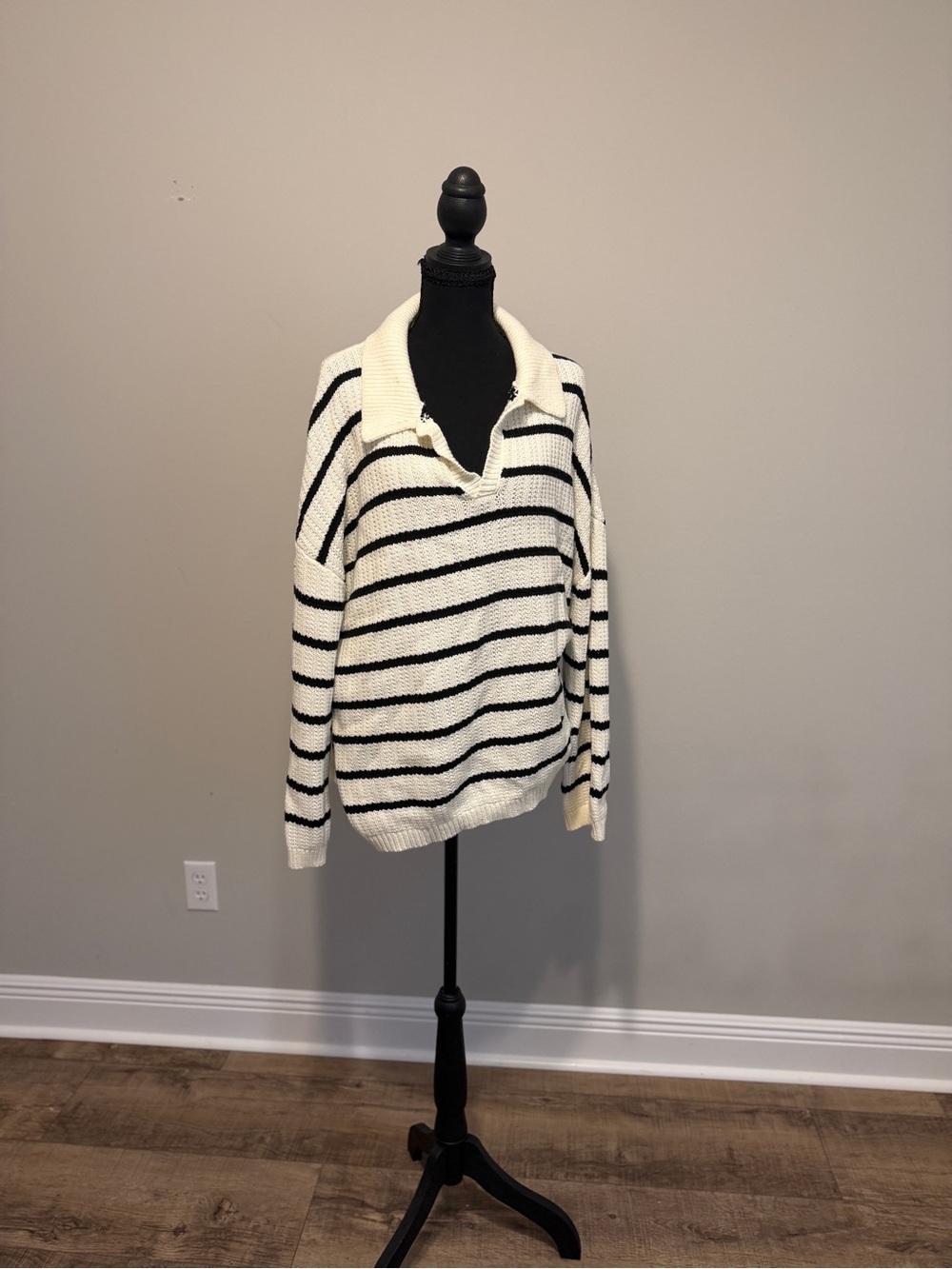 Lilu Ivory and Black Striped Collared Pullover Sweater